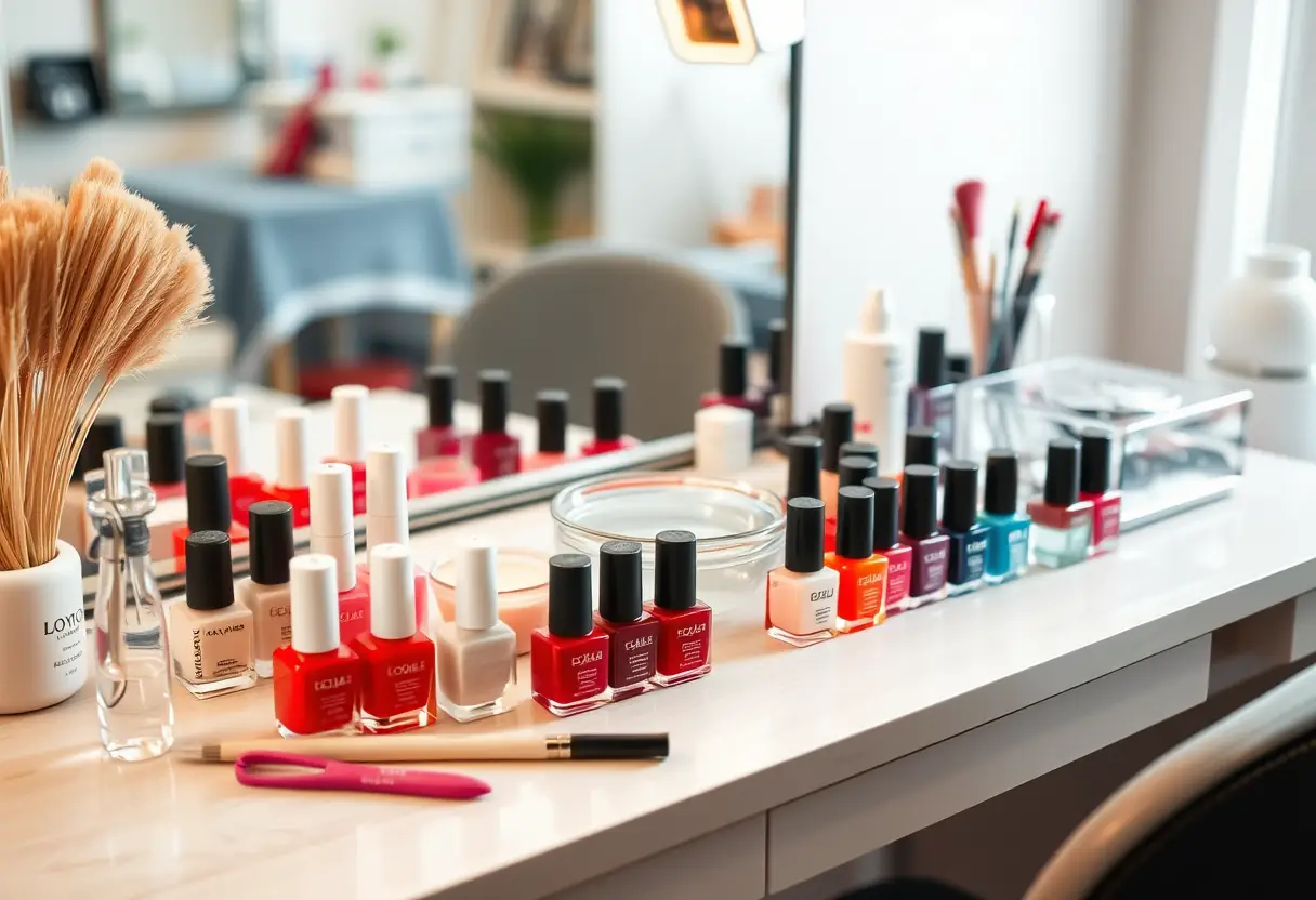 Un bureau bien rangé dans un salon de beauté, éclairé doucement, avec des bouteilles de vernis et des accessoires de manucure