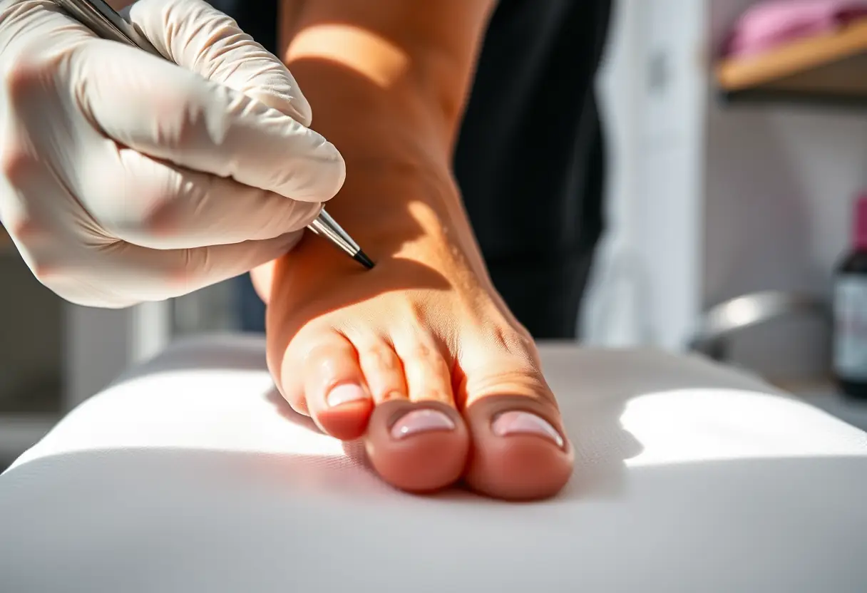 Pied en train de préparation pour vernis semi-permanent, poncé avec soin
