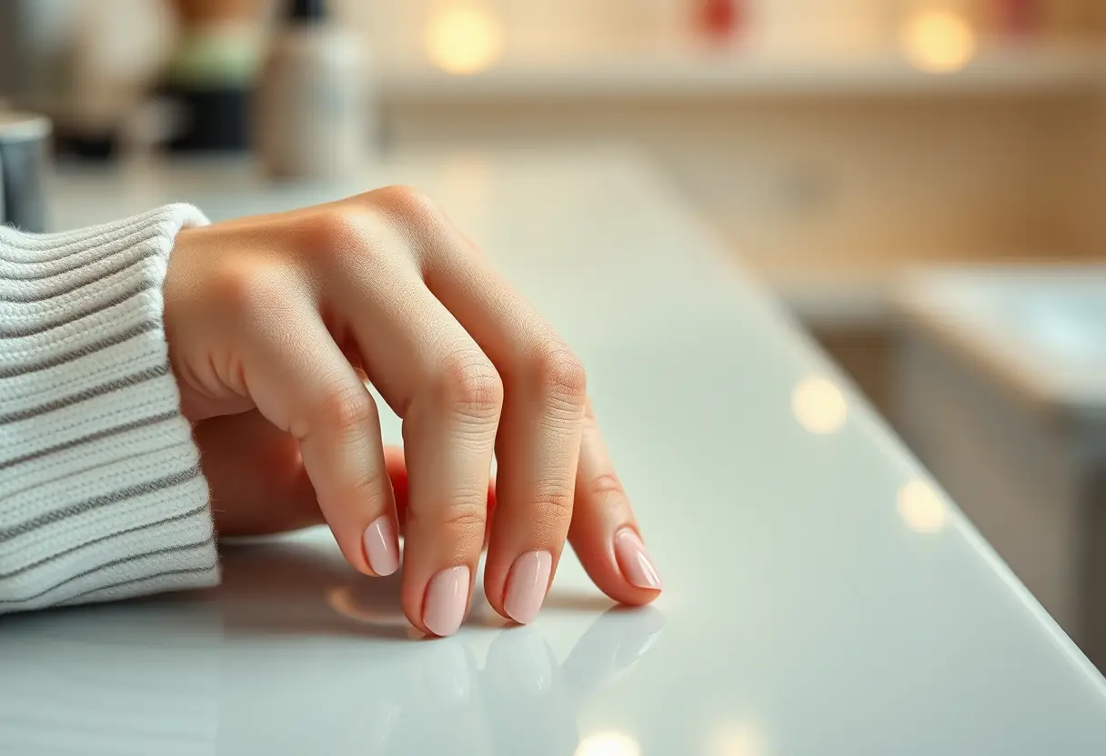 Main d'une cliente avec ongles semi-permanents bien entretenus