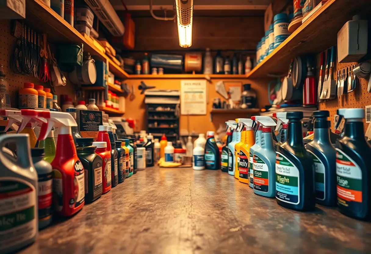 Bureaux de travail avec rangées de bouteilles de vernis, lumière chaude