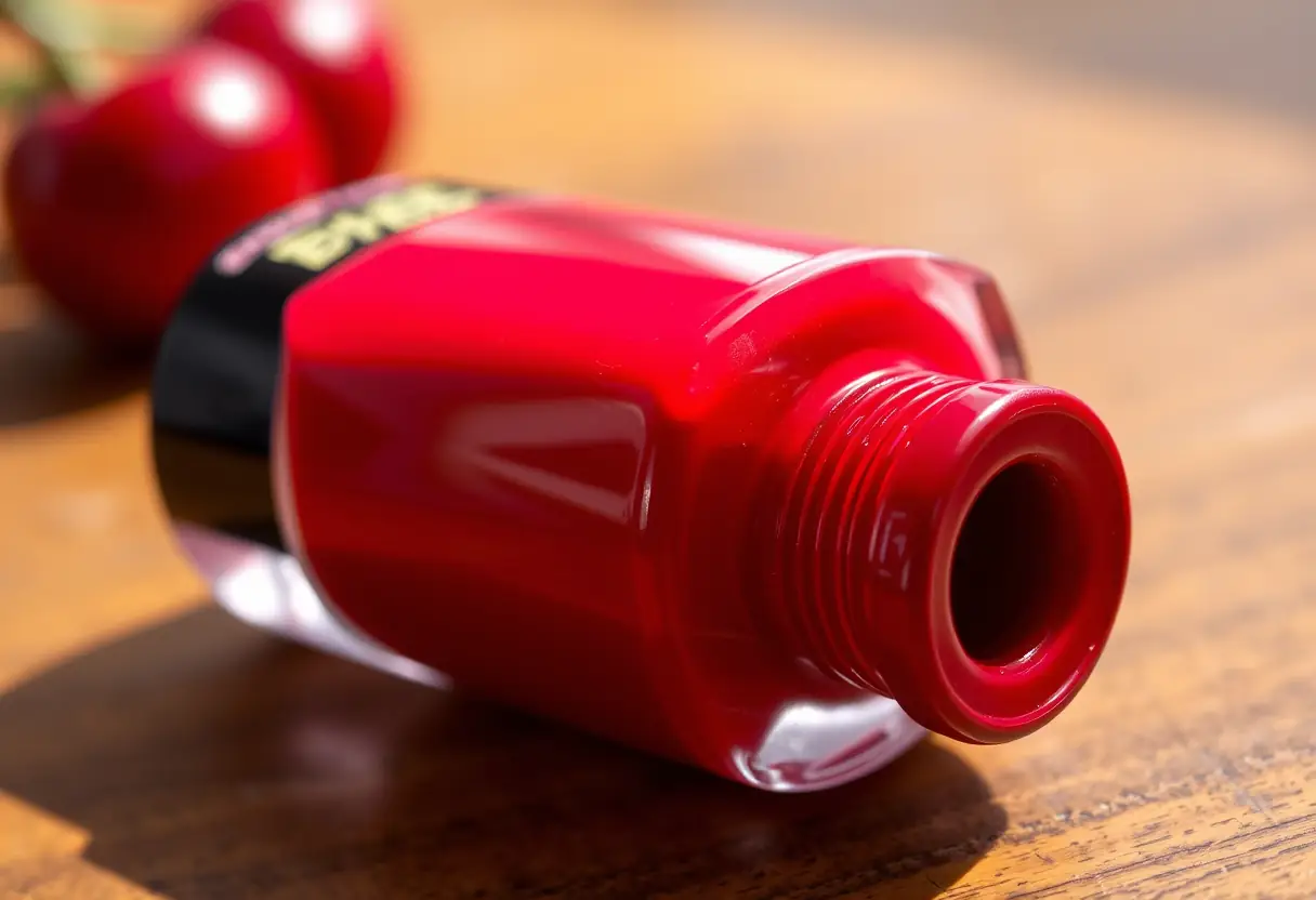 Un bocal de vernis à ongles rouge cerise sur une table en bois, édition photo réaliste