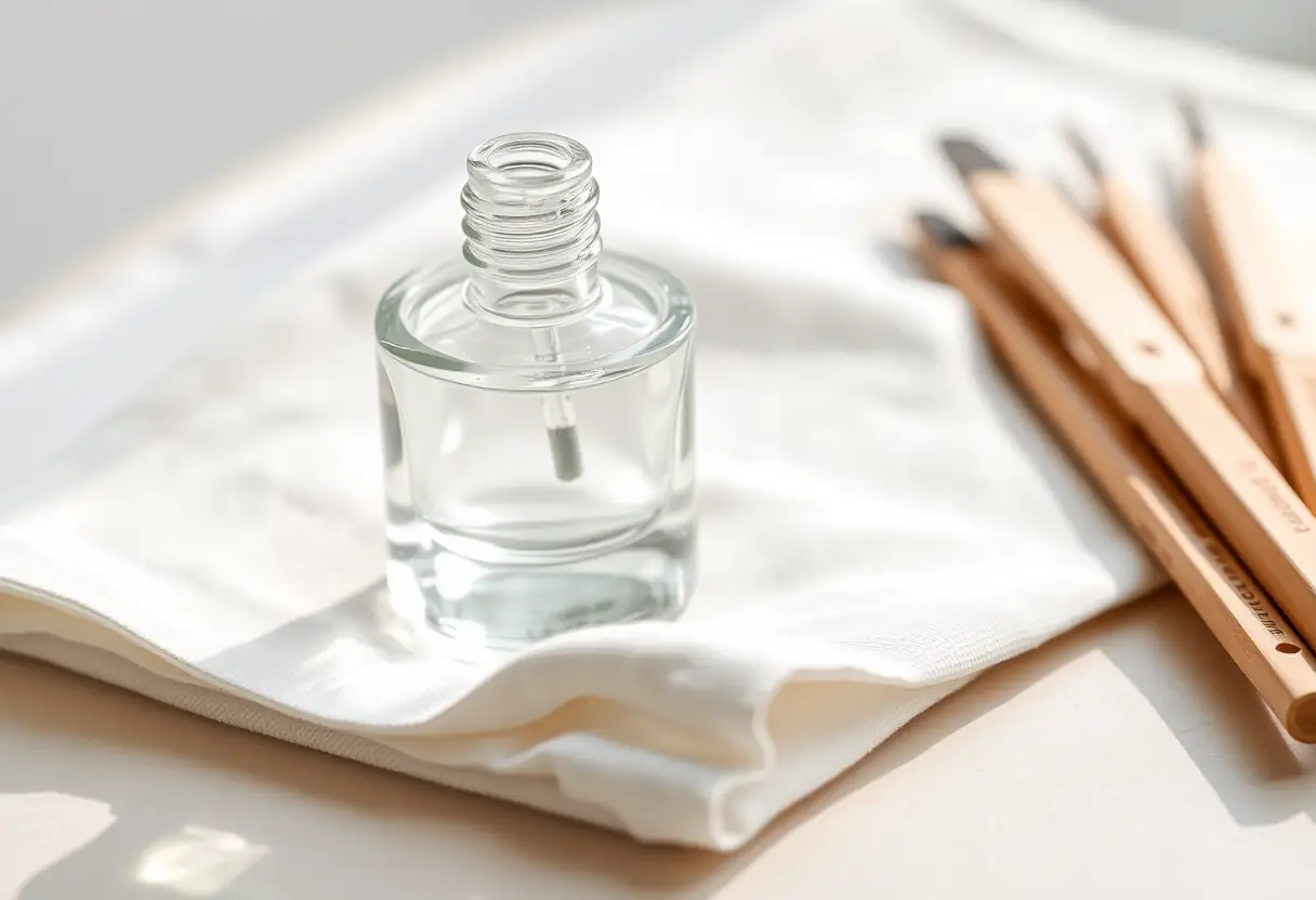 Bouteille de vernis à ongles clair sur un tissu blanc avec des outils de manucure, sans texte, soins des ongles
