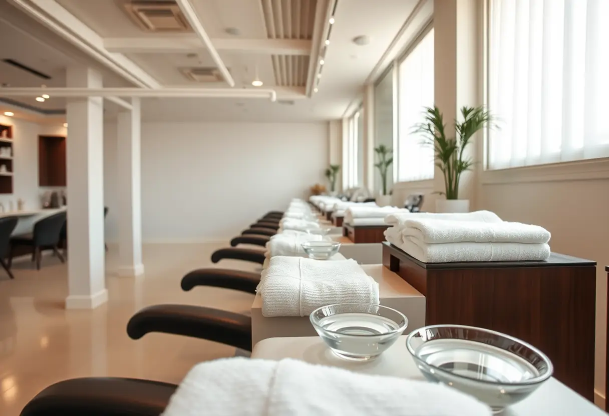 Un intérieur de salon de manucure, rangé et propre, avec des stations de soins