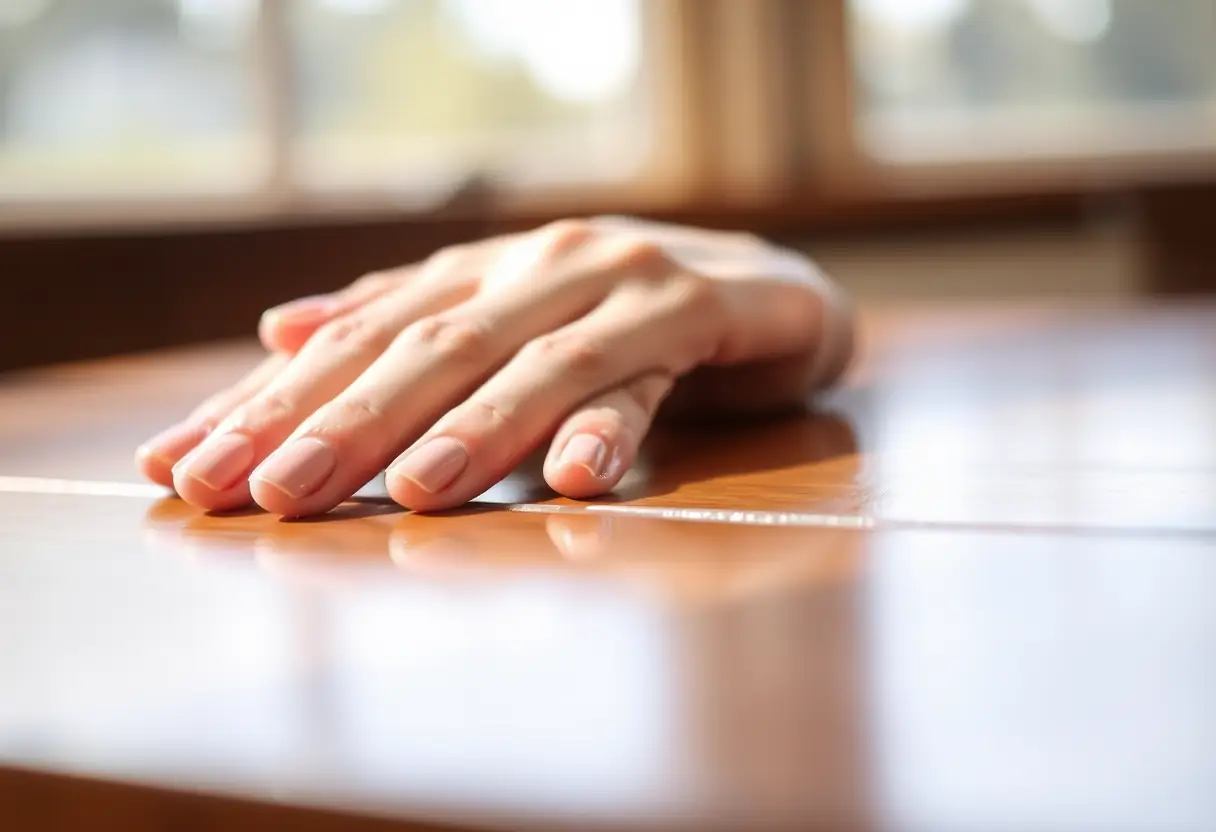 Main gauche bien manucurée posée sur une table en bois poli, les ongles brillants et lisses